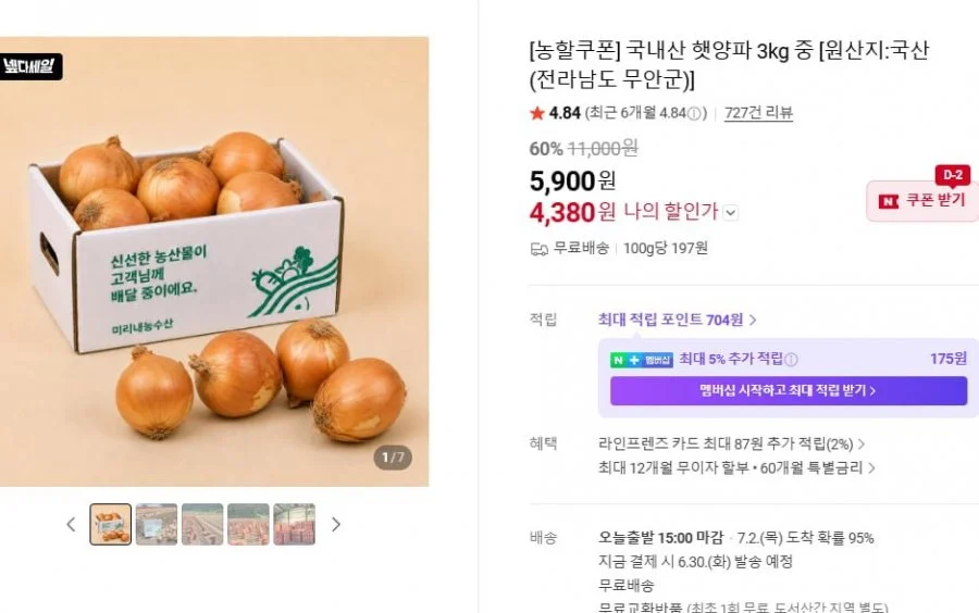 국내산 햇양파 3kg 중