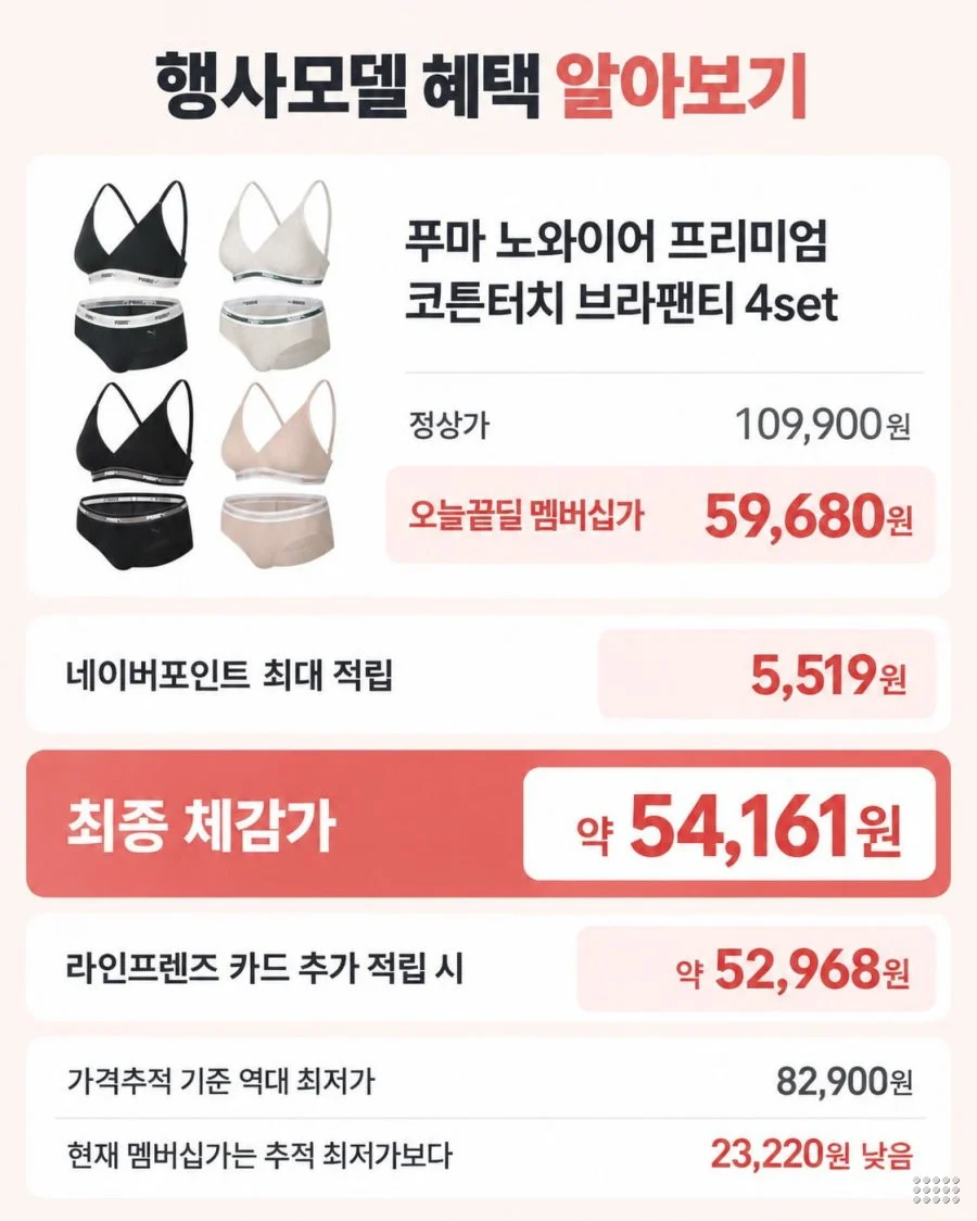 푸마 노와이어 프리미엄 코튼터치 브라팬티 4set