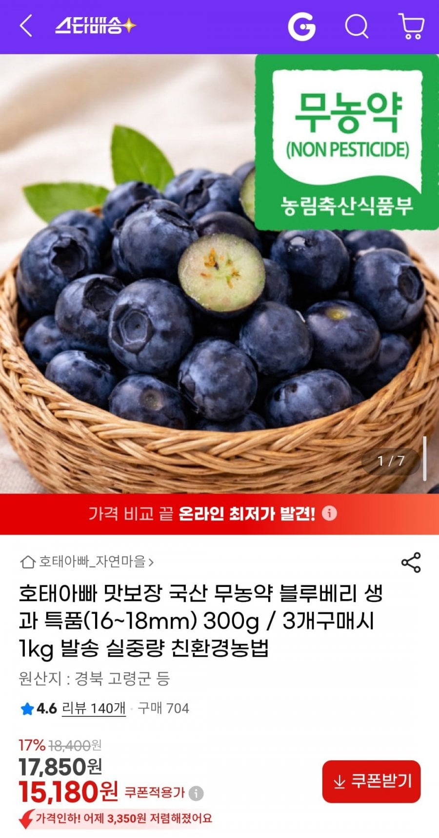 국산 무농약 블루베리 생과 특품(16~18mm) 300g
