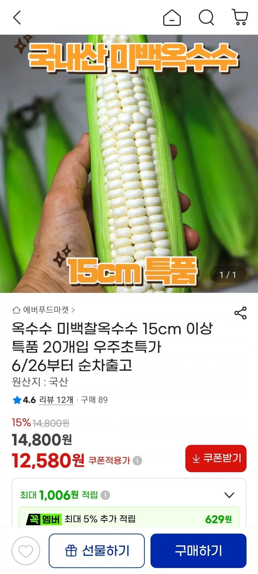 미백찰옥수수 15cm 이상 특품 20개입